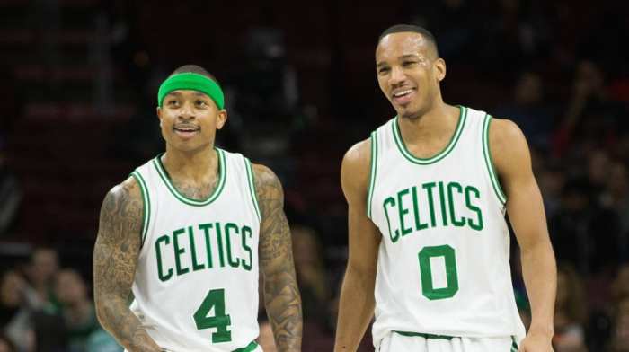 Jan 24, 2016; Philadelphia, PA, USA; Boston Celtics guard Isaiah Thomas (4) and guard Avery Bradley (0) react to a score against the Philadelphia 76ers during the second half at Wells Fargo Center. The Celtics won 112-92. Mandatory Credit: Bill Streicher-USA TODAY Sports