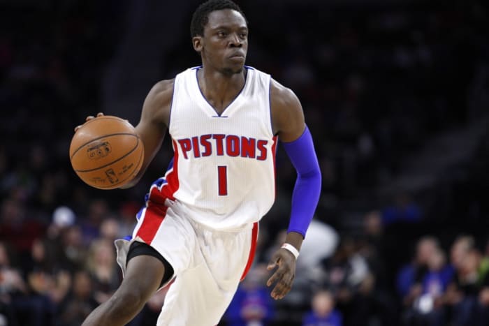 Mar 21, 2015; Auburn Hills, MI, USA; Detroit Pistons guard Reggie Jackson (1) dribbles the ball during the third quarter against the Chicago Bulls at The Palace of Auburn Hills. Pistons beat the Bulls 107-91. Mandatory Credit: Raj Mehta-USA TODAY Sports