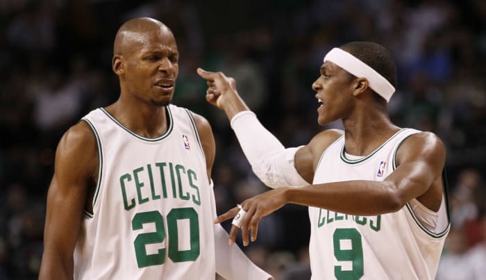 Boston Celtics guards Ray Allen (20) and Rajon Rondo (9) confer during the first quarter against the Orlando Magic in Game 6 of the NBA Eastern Conference basketball finals in Boston, Friday, May 28, 2010. (AP Photo/Winslow Townson)