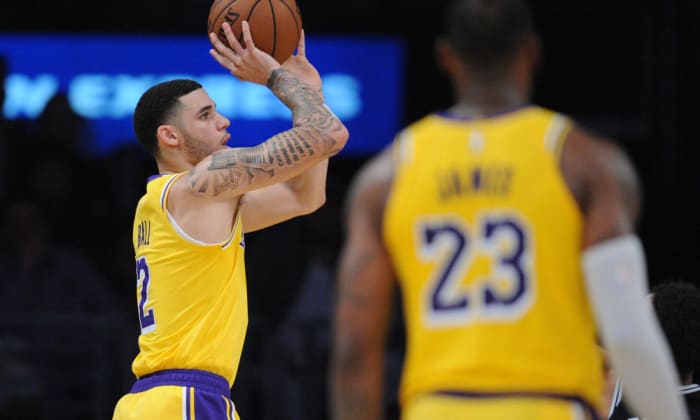 October 22, 2018; Los Angeles, CA, USA; Los Angeles Lakers guard Lonzo Ball (2) shoots against the San Antonio Spurs during overtime at Staples Center. Mandatory Credit: Gary A. Vasquez-USA TODAY Sports