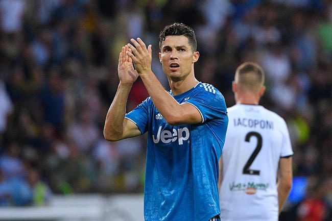 PARMA, ITALY - AUGUST 24: Cristiano Ronaldo of Juventus during the Italian Serie A match between Parma v Juventus at the Stadio Ennio Tardini on August 24, 2019 in Parma Italy (Photo by Mattia Ozbot/Soccrates/Getty Images)