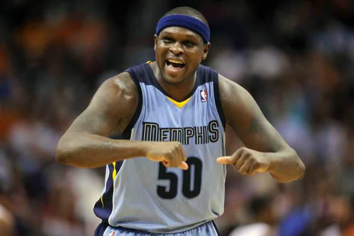 Apr 14, 2014; Phoenix, AZ, USA; Memphis Grizzlies forward Zach Randolph (50) celebrates against the Phoenix Suns during the second half at US Airways Center. The Grizzlies won 97-91. Mandatory Credit: Joe Camporeale-USA TODAY Sports