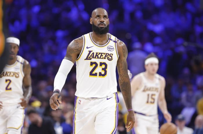 Los Angeles Lakers forward LeBron James (23) walks down the court after a play against the Oklahoma City Thunder during the second quarter at Paycom Center.