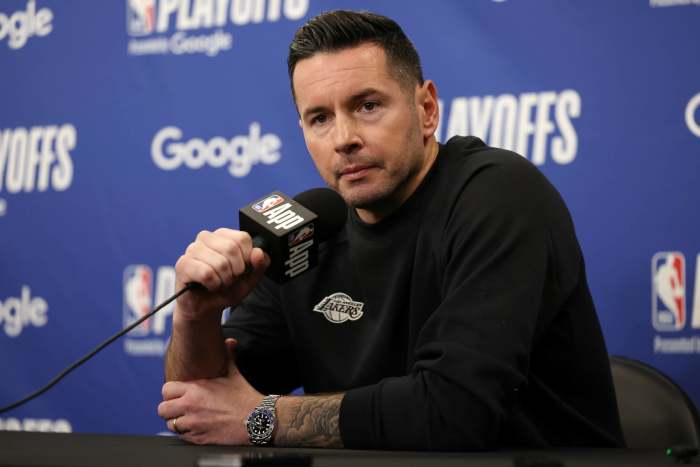 Los Angeles, California, USA; Los Angeles Lakers head coach JJ Redick speaks to media before a game two of first round for the 2024 NBA Playoffs against the Minnesota Timberwolves at Crypto.com Arena. Mandatory Credit: Kiyoshi Mio-Imagn Images