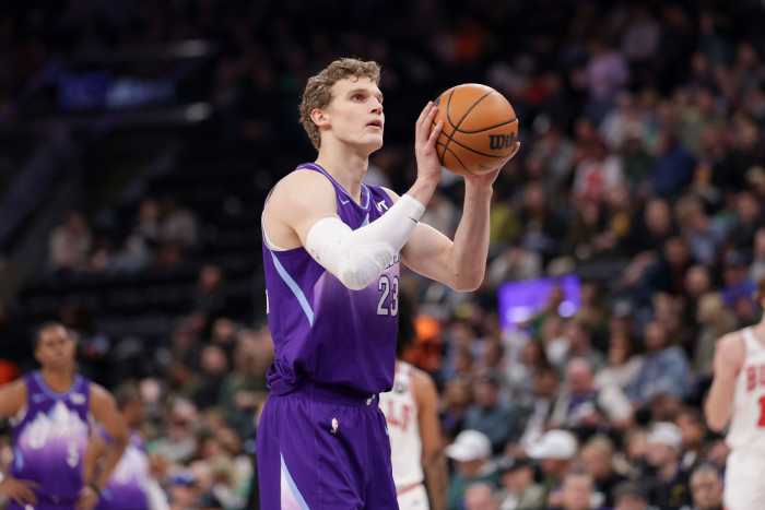 Mar 17, 2025; Salt Lake City, Utah, USA; Utah Jazz forward Lauri Markkanen (23) shoots a technical free throw during the first quarter against the Chicago Bulls at Delta Center. Mandatory Credit: Chris Nicoll-Imagn Images