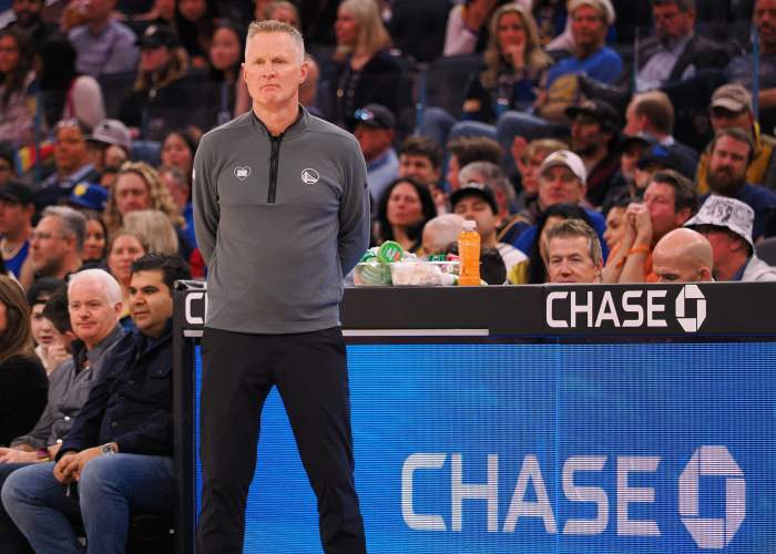 Mar 7, 2024; San Francisco, California, USA; Golden State Warriors head coach Steve Kerr on the sideline during the fourth quarter against the Chicago Bulls at Chase Center. Mandatory Credit: Kelley L Cox-Imagn Images 