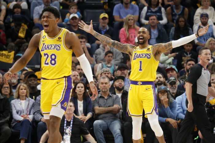 Apr 26, 2023; Memphis, Tennessee, USA; Los Angeles Lakers forward Rui Hachimura (28) and Los Angeles Lakers guard D'Angelo Russell (1) react during the first half against the Memphis Grizzlies during game five of the 2023 NBA playoffs at FedExForum. Mandatory Credit: Petre Thomas-Imagn Images