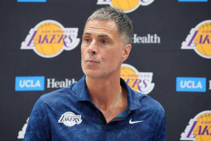 Jul 2, 2024; El Segundo, CA, USA; Los Angeles Lakers vice president of basketball operations and general manager Rob Pelinka at a press conference at the UCLA Health Training Center. Mandatory Credit: Kirby Lee-Imagn Images