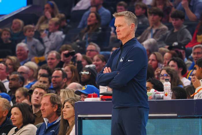 Golden State Warriors head coach Steve Kerr on the sideline during the first quarter against the Sacramento Kings at Chase Center. Mandatory Credit: Kelley L Cox-Imagn Images