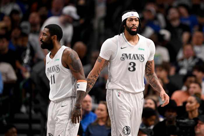 Dallas, Texas, USA; Dallas Mavericks guard Kyrie Irving (11) and forward Anthony Davis (3) during the game between the Dallas Mavericks and the Houston Rockets at the American Airlines Center. Mandatory Credit: Jerome Miron-Imagn Images