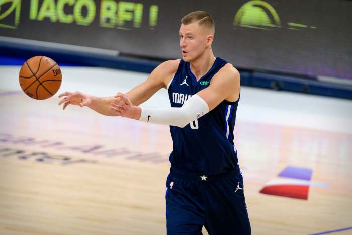 Feb 6, 2021; Dallas, Texas, USA; Dallas Mavericks center Kristaps Porzingis (6) in action during the game between the Dallas Mavericks and the Golden State Warriors at the American Airlines Center. Mandatory Credit: Jerome Miron-Imagn Images