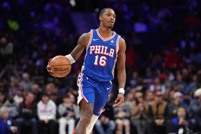 Mar 9, 2025; Philadelphia, Pennsylvania, USA; Philadelphia 76ers guard Lonnie Walker IV (16) controls the ball against the Utah Jazz in the second quarter at Wells Fargo Center. Mandatory Credit: Kyle Ross-Imagn Images