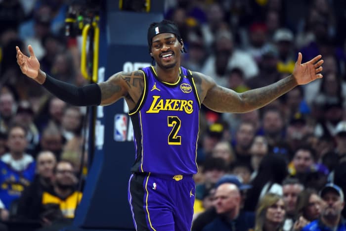 Los Angeles Lakers forward Jarred Vanderbilt (2) reacts after being called for a foul during the second half against the Denver Nuggets at Ball Arena.