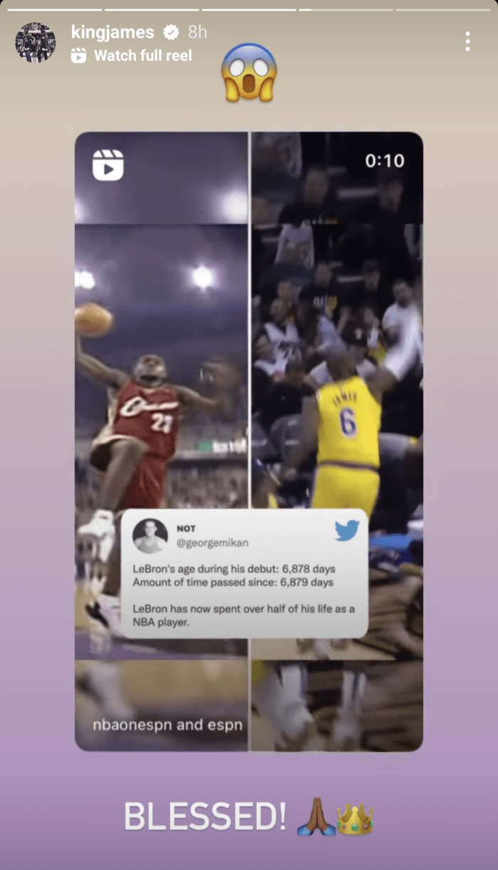 LeBron James Reacts To Spending Over Half His Life In The NBA On Instagram Story: 