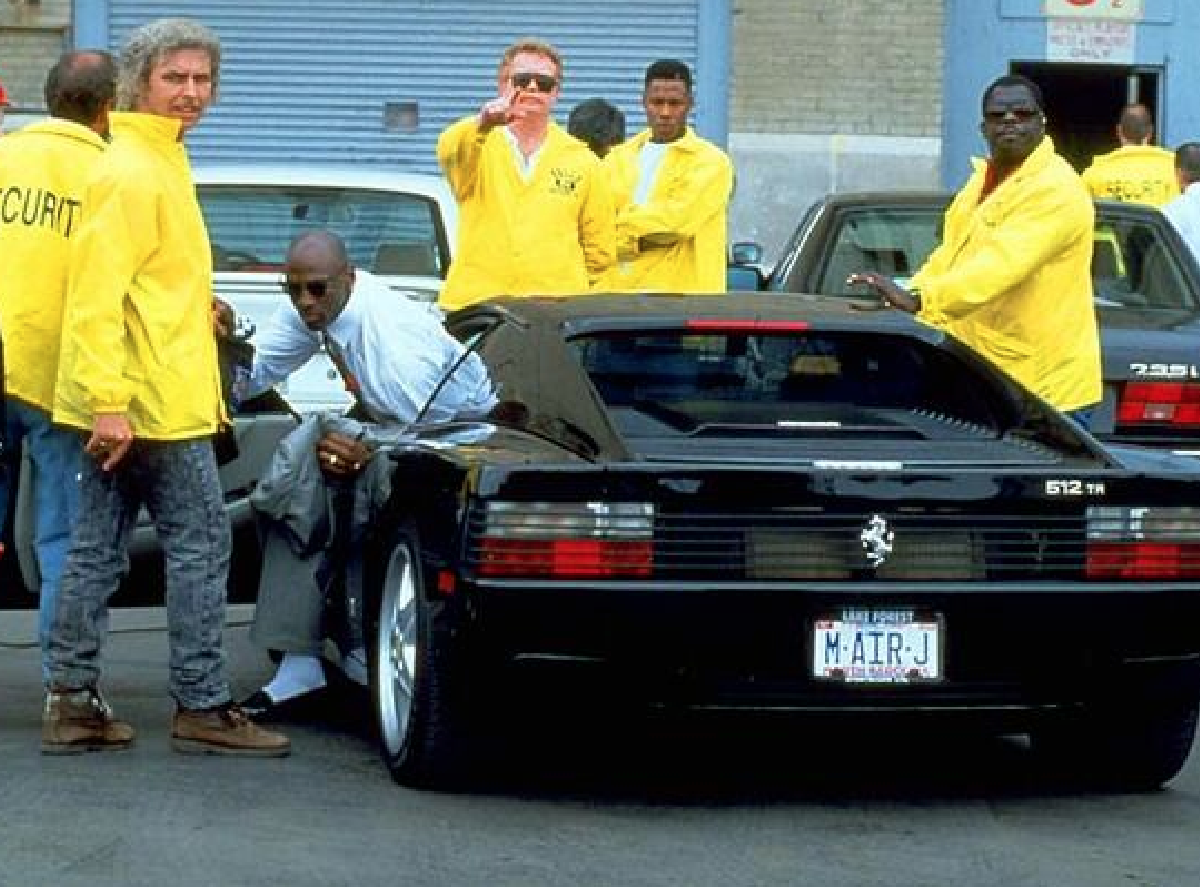 Michael Jordan With The Custom "M-AIR-J" Plates On His Ferrari 512 TR Going To Practice In 1992