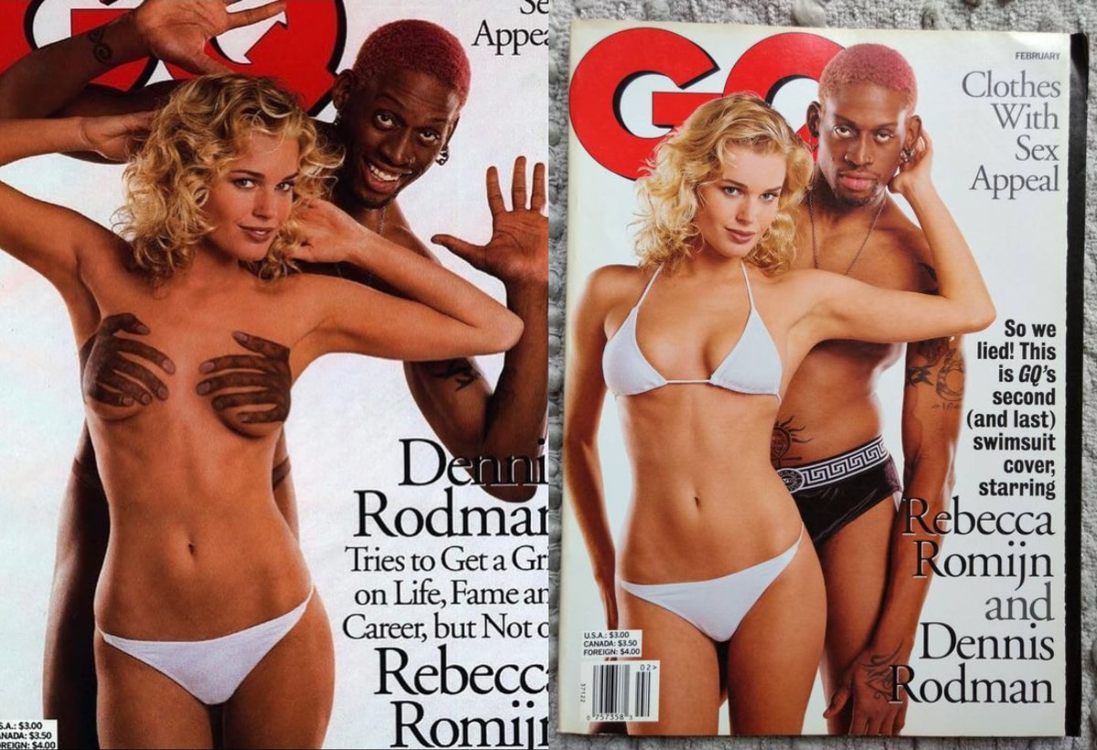 Dennis Rodman With Rebecca Romijn On Vintage GQ Magazine Cover From 1997: "Tries To Get A Grip On Life, Fame And Career"