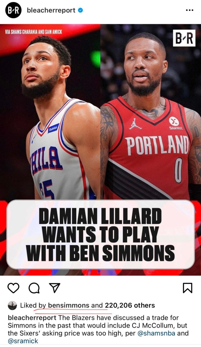 Ben Simmons likes An Instagram Post That Says “Damian Lillard Wants To Play With Ben Simmons”