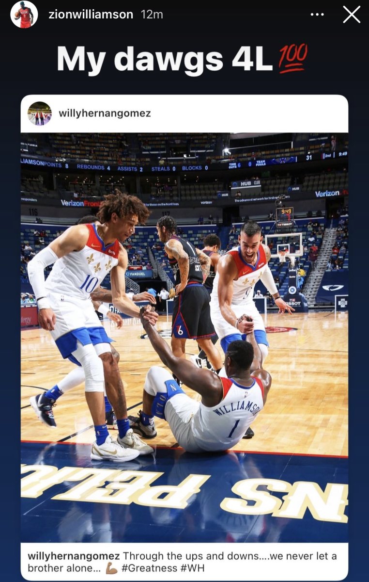 Zion Williamson Shows Love To His Teammates On Instagram: "My Dawgs 4L."
