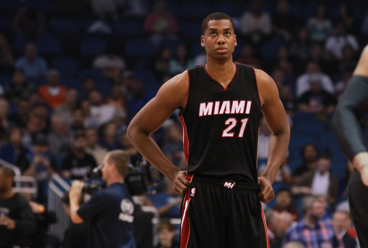 Feb 25, 2015; Orlando, FL, USA; Miami Heat center Hassan Whiteside (21) against the Orlando Magic during the first quarter at Amway Center. Mandatory Credit: Kim Klement-USA TODAY Sports