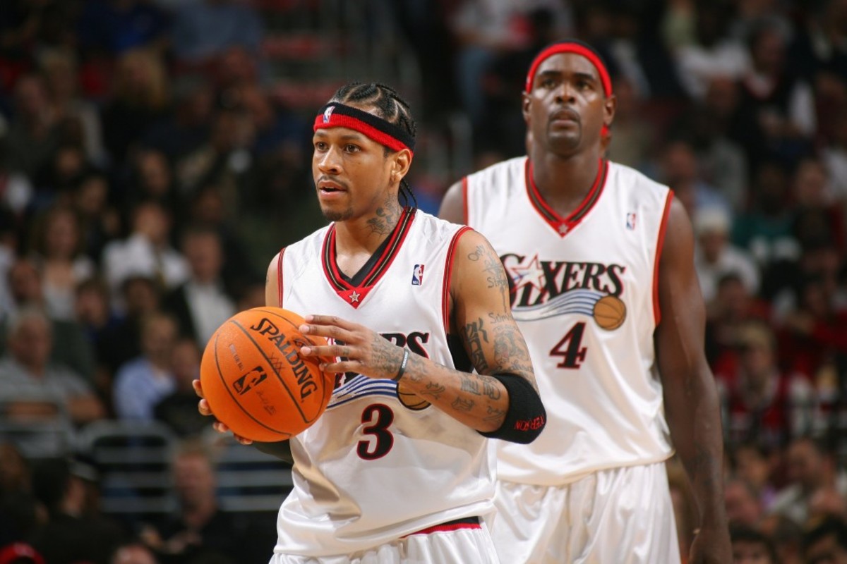 PHILADELPHIA - NOVEMBER 1:  Allen Iverson #3 and Chris Webber #4 of the Philadelphia 76ers pause during their game against the Atlanta Hawks on November 1, 2006 at the Wachovia Center in Philadelphia, Pennsylvania. NOTE TO USER: User expressly acknowledges and agrees that, by downloading and or using this photograph, User is consenting to the terms and conditions of the Getty Images License Agreement. Mandatory Copyright Notice: Copyright 2006 NBAE (Photo by Jesse D. Garrabrant/NBAE via Getty Images)