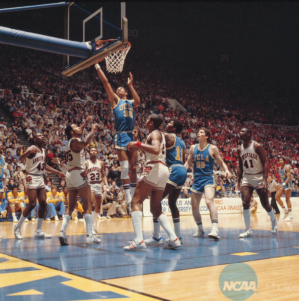 24 MAR 1980:  UCLA forward James Wilkes (35), forward Mike Sanders (11), forward Kiki Vandeweghe (55), and Louisville forward Derek Smith (43), guard Darrell Griffith (35), guard Tony Branch (23), forward Scooter McCray (21) and center Wiley Brown (41) during the NCAA Men's National Basketball Final Four championship game held in Indainapolis, IN, at the Market Square Arena. Louisville defeated UCLA 59-54 for the championship. Photo by Rich Clarkson/NCAA PhotosSI CD 0023-29