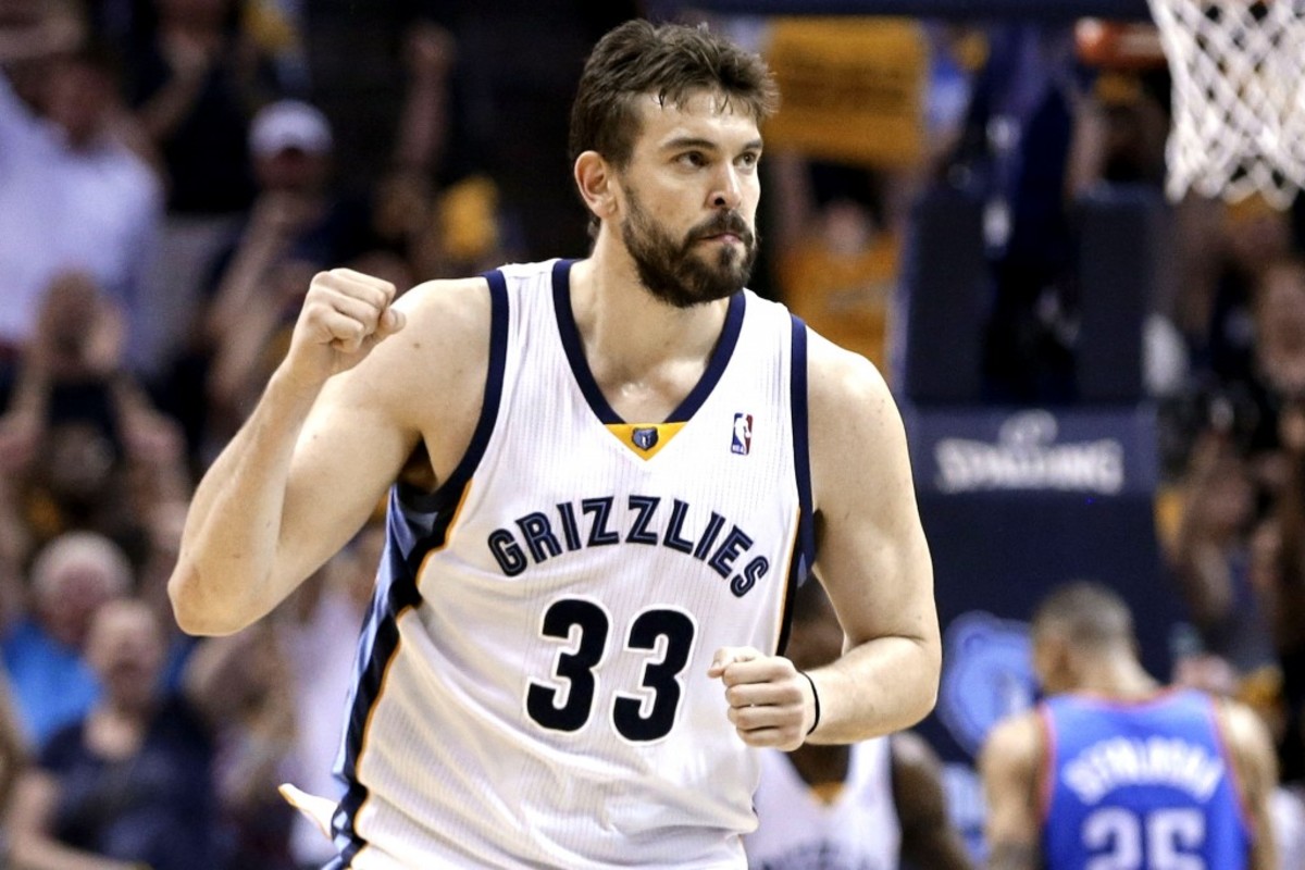 Memphis Grizzlies center Marc Gasol celebrates after scoring against the Oklahoma City Thunder in overtime of Game 3 of an opening-round NBA basketball playoff series Thursday, April 24, 2014, in Memphis, Tenn. The Grizzlies won 98-95. (AP Photo/Mark Humphrey)
