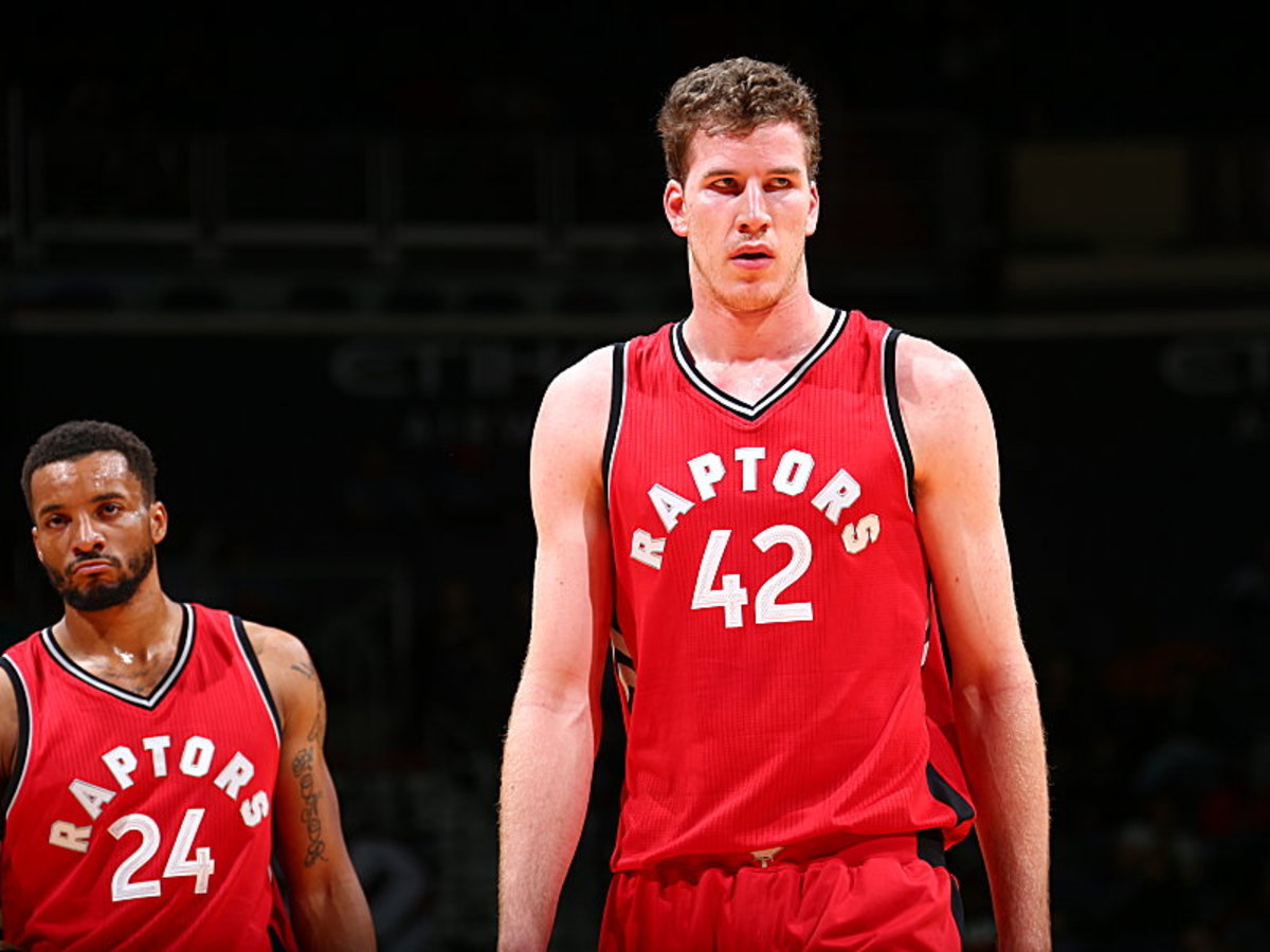WASHINGTON, DC -  OCTOBER 21:  Jakob Poeltl #42 of the Toronto Raptors looks on against the Washington Wizards during a preseason game on October 21, 2016 at Verizon Center in Washington, DC. NOTE TO USER: User expressly acknowledges and agrees that, by downloading and or using this Photograph, user is consenting to the terms and conditions of the Getty Images License Agreement. Mandatory Copyright Notice: Copyright 2016 NBAE (Photo by Ned Dishman/NBAE via Getty Images)
