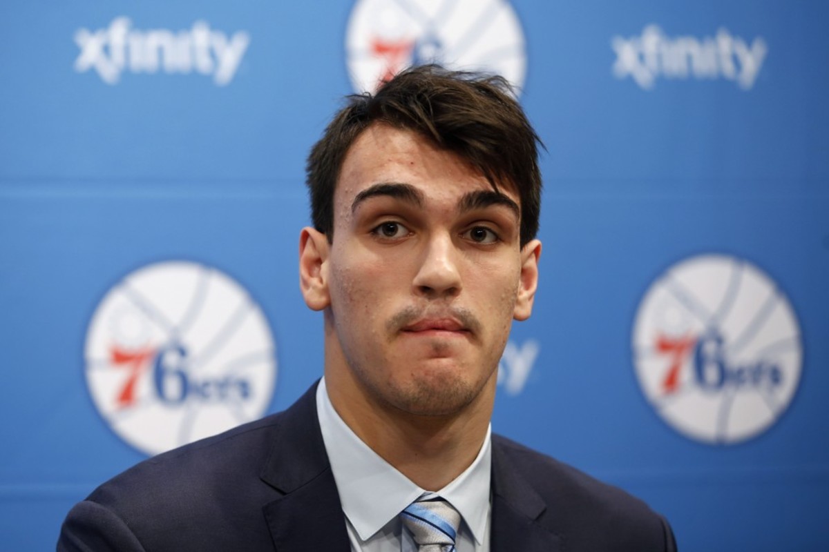 Newly-drafted Philadelphia 76ers' Dario Saric listens to a question during a basketball news conference at the team's practice facility, Saturday, June 28, 2014, in Philadelphia. (AP Photo/Matt Slocum)