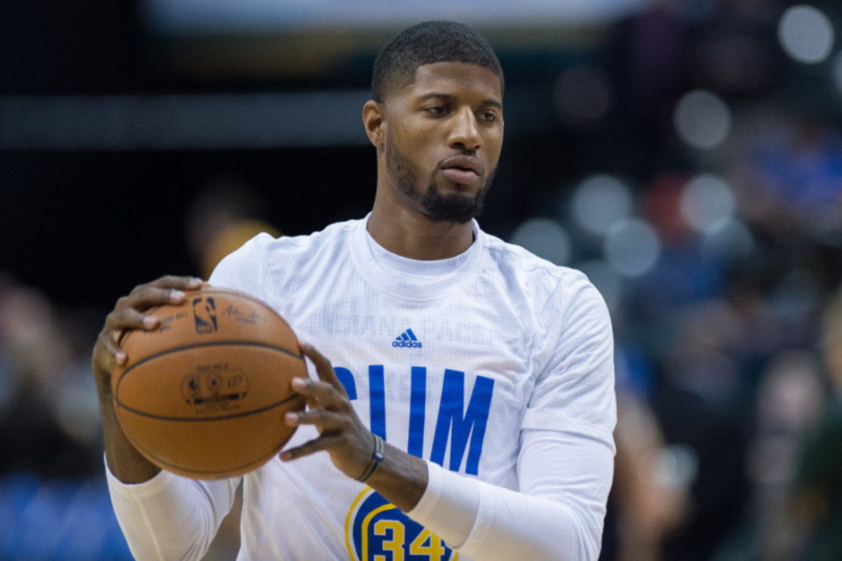 November 4, 2015: Indiana Pacers forward Paul George (13) warms up before during a NBA game between the Indiana Pacers and Boston Celtics at Bankers Life Fieldhouse in Indianapolis, IN. (Photo by Zach Bolinger/Icon Sportswire)