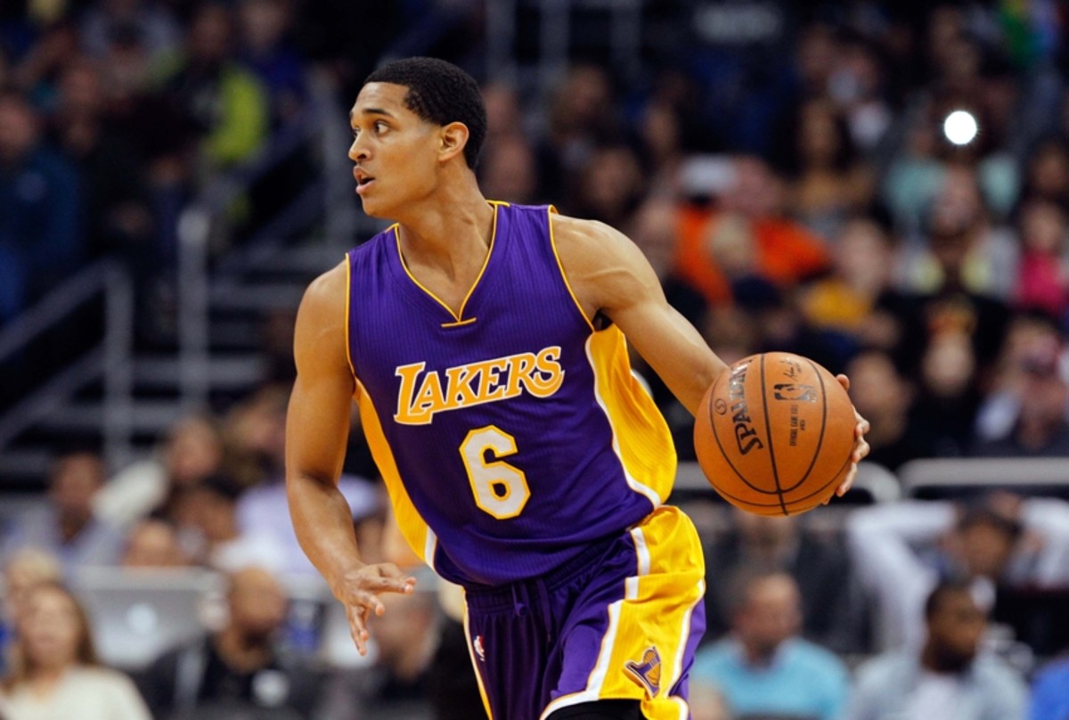 Feb 6, 2015; Orlando, FL, USA; Los Angeles Lakers guard Jordan Clarkson (6) dribbles the ball against the Orlando Magic during the second quarter at Amway Center.