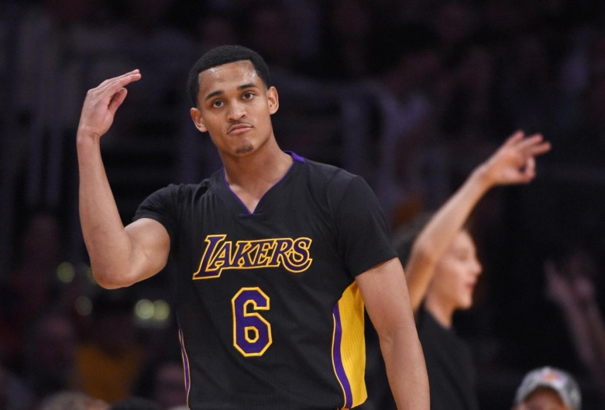 Los Angeles Lakers guard Jordan Clarkson gestures after hitting a 3-point shot during the first half of an NBA basketball game against the Denver Nuggets, Friday, March 25, 2016, in Los Angeles. AP Photo/Mark J. Terrill)