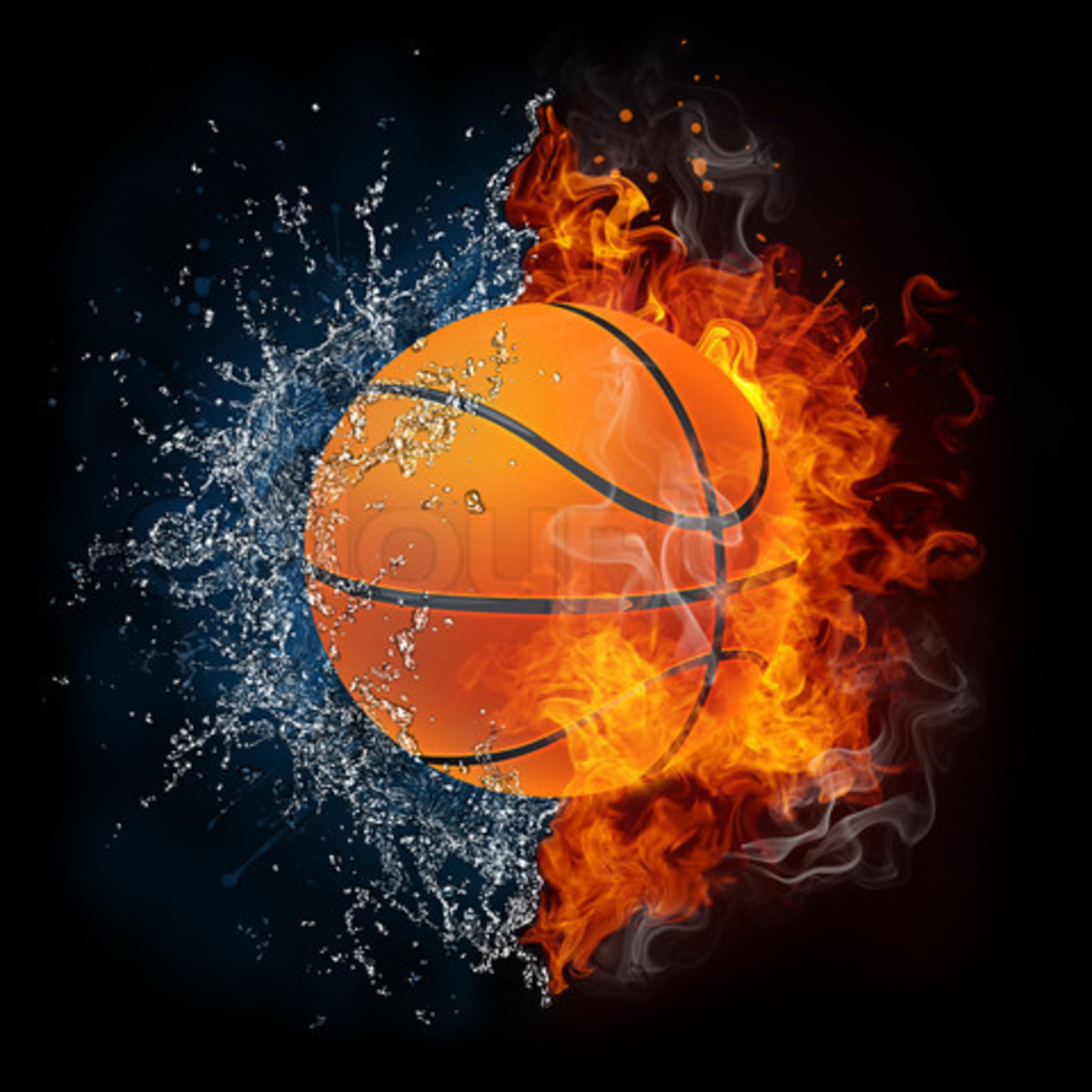 Basketball Ball in Fire and Water Isolated on the Black Background