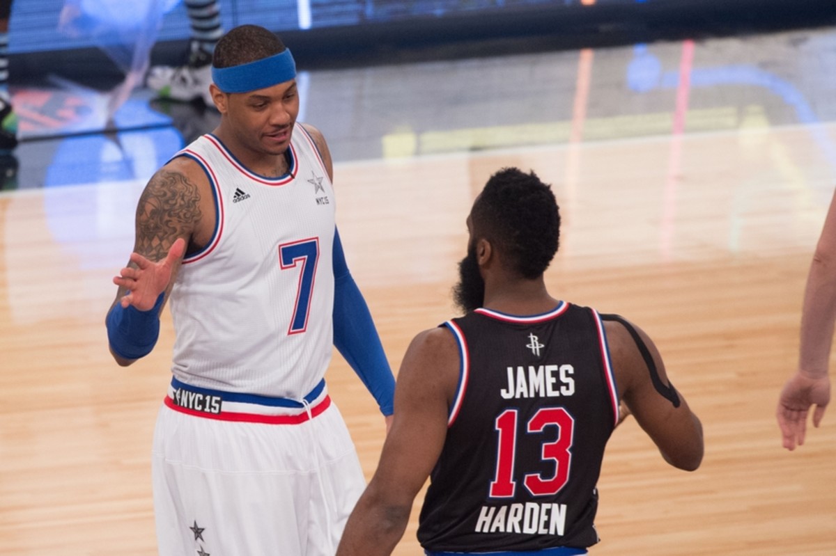 February 15, 2015; New York, NY, USA; Eastern Conference forward Carmelo Anthony of the New York Knicks (7) shakes hands with Western Conference guard James Harden of the Houston Rockets (13) before the 2015 NBA All-Star Game at Madison Square Garden.Mandatory Credit: Kyle Terada-USA TODAY Sports