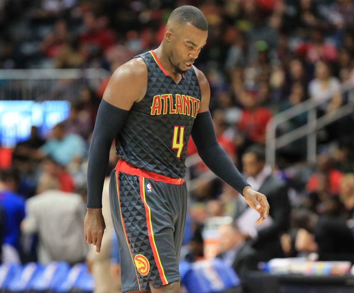 102715 ATLANTA: -- Hawks Paul Millsap walks off the court falling 106-94 to the Pistons in their first regular season basketball game "home opener" on Tuesday, Oct. 27, 2015, in Atlanta.  Curtis Compton / ccompton@ajc.com