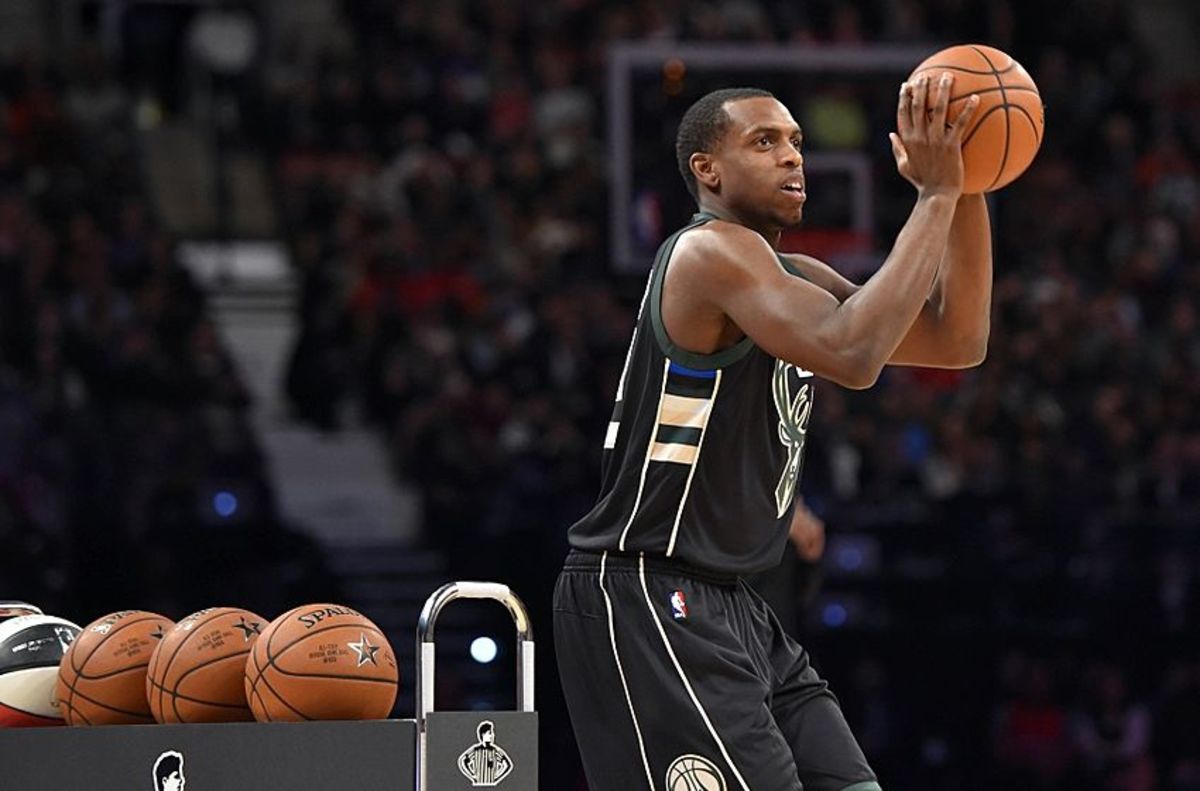 Feb 13, 2016; Toronto, Ontario, Canada; Milwaukee Bucks forward Khris Middleton competes in the three-point contest during the NBA All Star Saturday Night at Air Canada Centre. Mandatory Credit: Bob Donnan-USA TODAY Sports