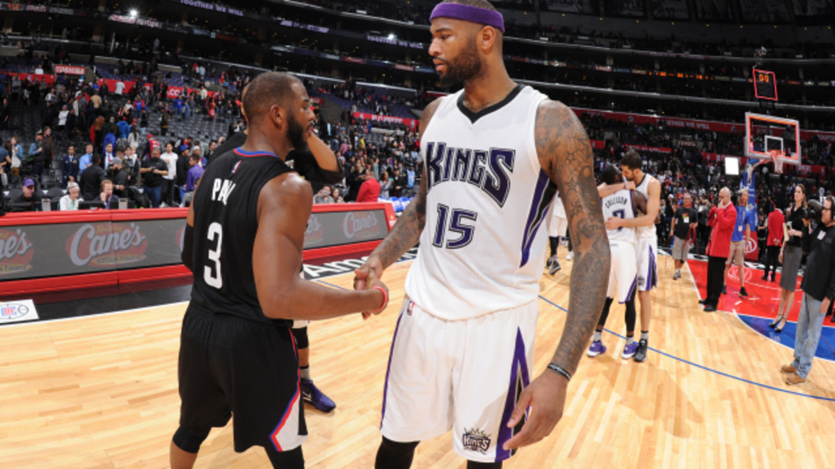 LOS ANGELES, CA - JANUARY 16: Chris Paul #3 of the Los Angeles Clippers high fives DeMarcus Cousins #15 of the Sacramento Kings after the game on January 16, 2016 at STAPLES Center in Los Angeles, California. NOTE TO USER: User expressly acknowledges and agrees that, by downloading and or using this Photograph, user is consenting to the terms and conditions of the Getty Images License Agreement. Mandatory Copyright Notice: Copyright 2016 NBAE (Photo by Andrew Bernstein/NBAE via Getty Images)