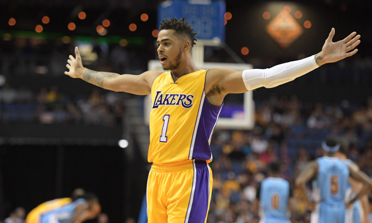 Oct 9, 2016; Ontario, CA, USA;Los Angeles Lakers guard D'Angelo Russell (1) reacts against the Denver Nuggets at Citizens Business Bank Arena. Mandatory Credit: Kirby Lee-USA TODAY Sports ORG XMIT: USATSI-325874 ORIG FILE ID:  20161009_mta_al2_050.JPG