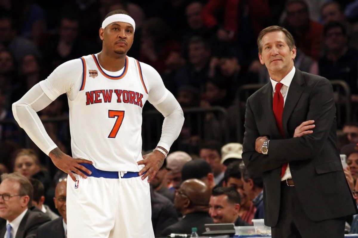 Dec 20, 2016; New York, NY, USA; New York Knicks head coach Jeff Hornacek looks on during a break in action with New York Knicks forward Carmelo Anthony (7) against the Indiana Pacers during the second half at Madison Square Garden. Mandatory Credit: Adam Hunger-USA TODAY Sports