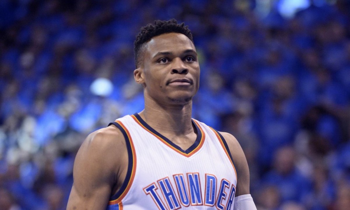May 28, 2016; Oklahoma City, OK, USA; Oklahoma City Thunder guard Russell Westbrook (0) reacts before the game against the Golden State Warriors in game six of the Western conference finals of the NBA Playoffs at Chesapeake Energy Arena. Mandatory Credit: Mark D. Smith-USA TODAY Sports ORG XMIT: USATSI-269250 ORIG FILE ID:  20150528_krj_ax3_44.JPG