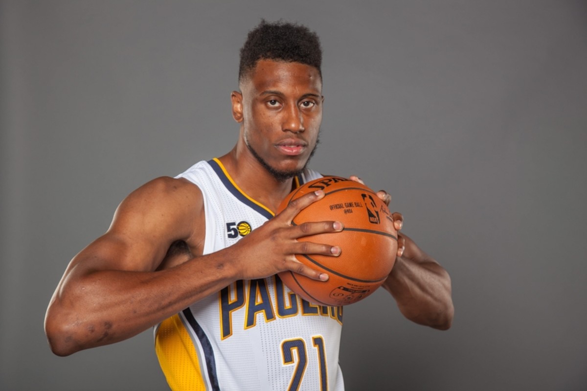 Sep 26, 2016; Indianapolis, IN, USA;  Indiana Pacers forward Thaddeus Young (21) poses for photos during media day at  Bankers Life Fieldhouse. Mandatory Credit: Trevor Ruszkowski-USA TODAY Sports