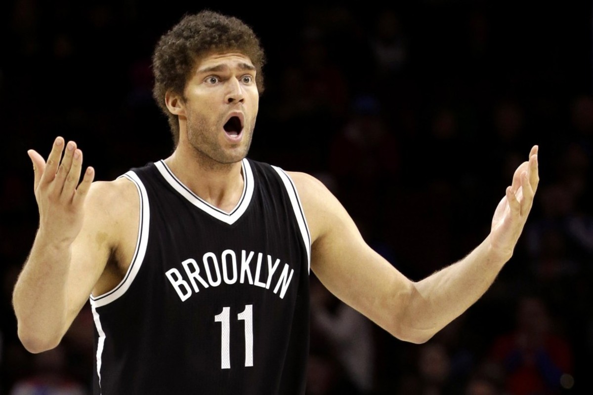 Brooklyn Nets' Brook Lopez reacts altering a foul call during the second half of an NBA basketball game against the Philadelphia 76ers, Saturday, March 14, 2015, in Philadelphia. Brooklyn won 94-87. (AP Photo/Matt Slocum)