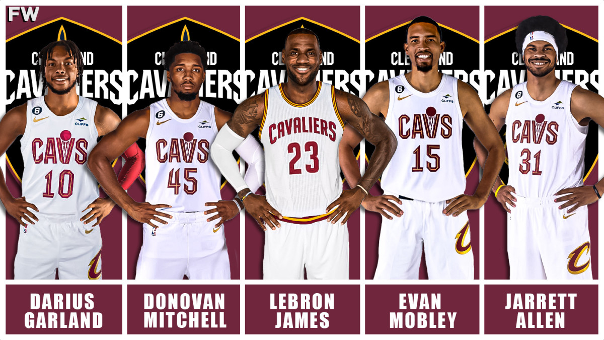 Darius Garland, Donovan Mitchell, LeBron James, Evan Mobley, and Jarrett Allen