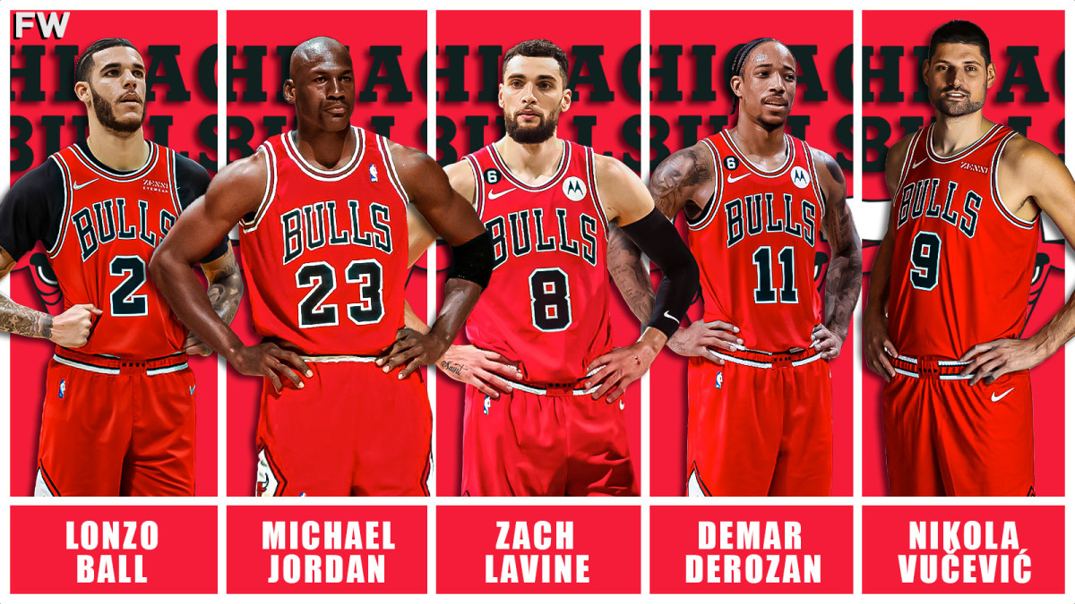 Lonzo Ball, Michael Jordan, Zach laVine, DeMar DeRozan, and Nikola Vucevic