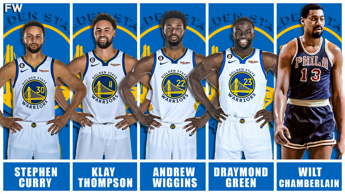 Stephen Curry, Klay Thompson, Andrew Wiggins, Draymond Green, and Wilt Chamberlain