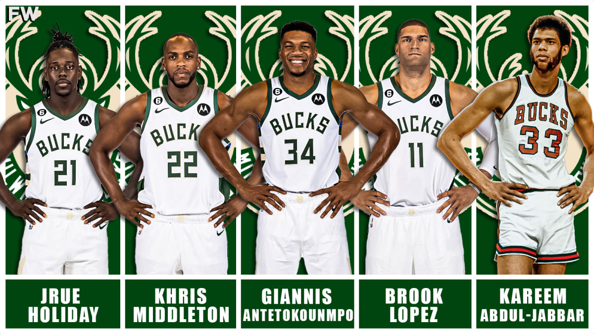 Jrue Holiday, Khris Middleton, Giannis Antetokounmpo, Brook Lopez, and Kareem Abdul-Jabbar