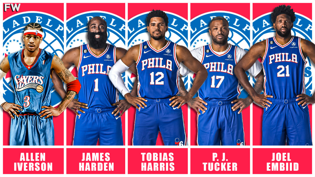 Allen Iverson, James Harden, Tobias Harris, PJ Tucker, and Joel Embiid