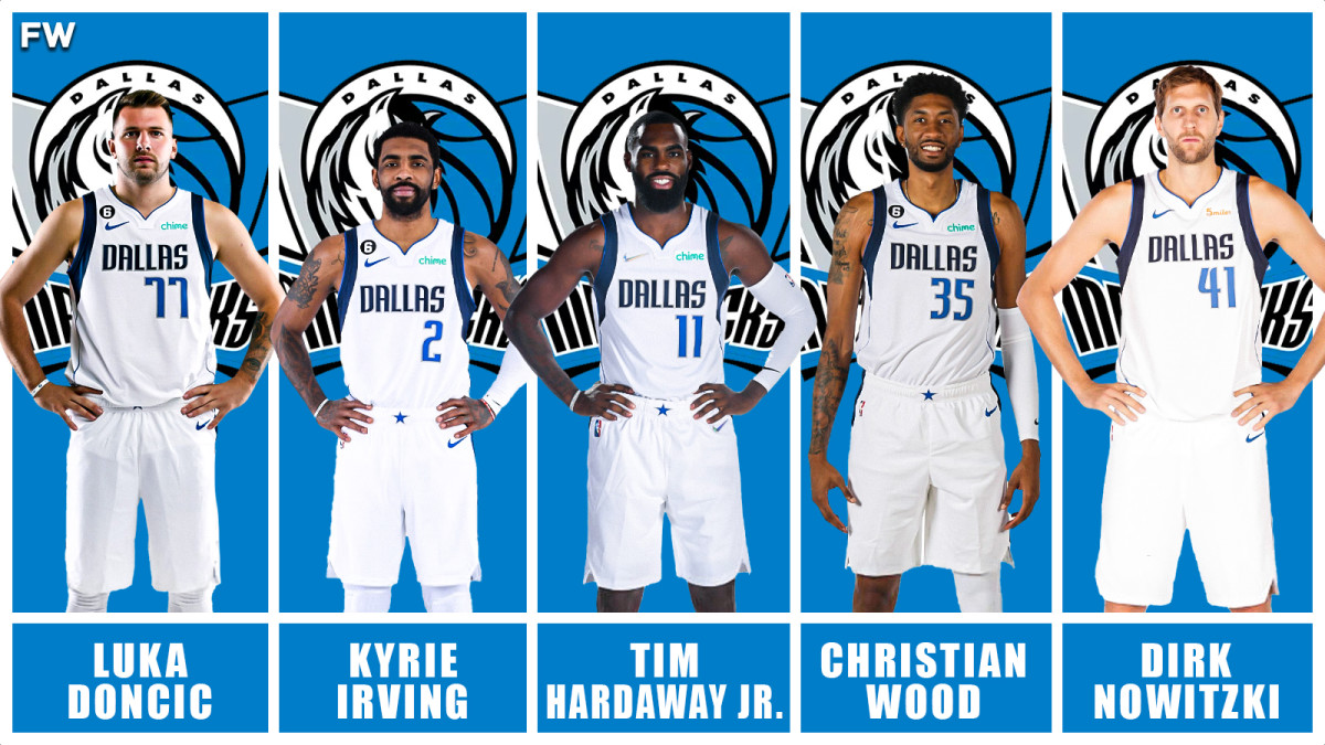 Luka Doncic, Kyrie Irving, Tim Hardaway Jr., Christian Wood, and Dirk Nowitzki