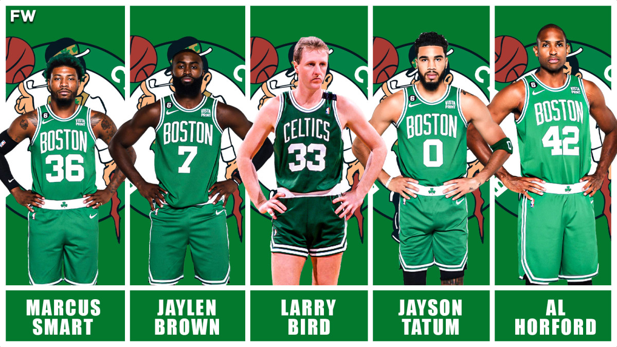 Marcus Smart, Jaylen Brown, Larry Bird, Jayson Tatum, and Al Horford