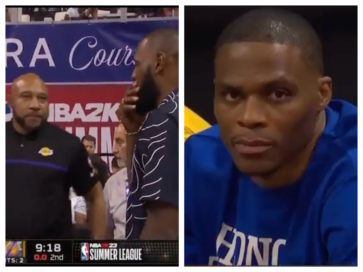 LeBron James Spotted Talking To Rob Pelinka And Darvin Ham While Russell Westbrook Sat On The Opposite Side Of The Court During Lakers' Summer League Game
