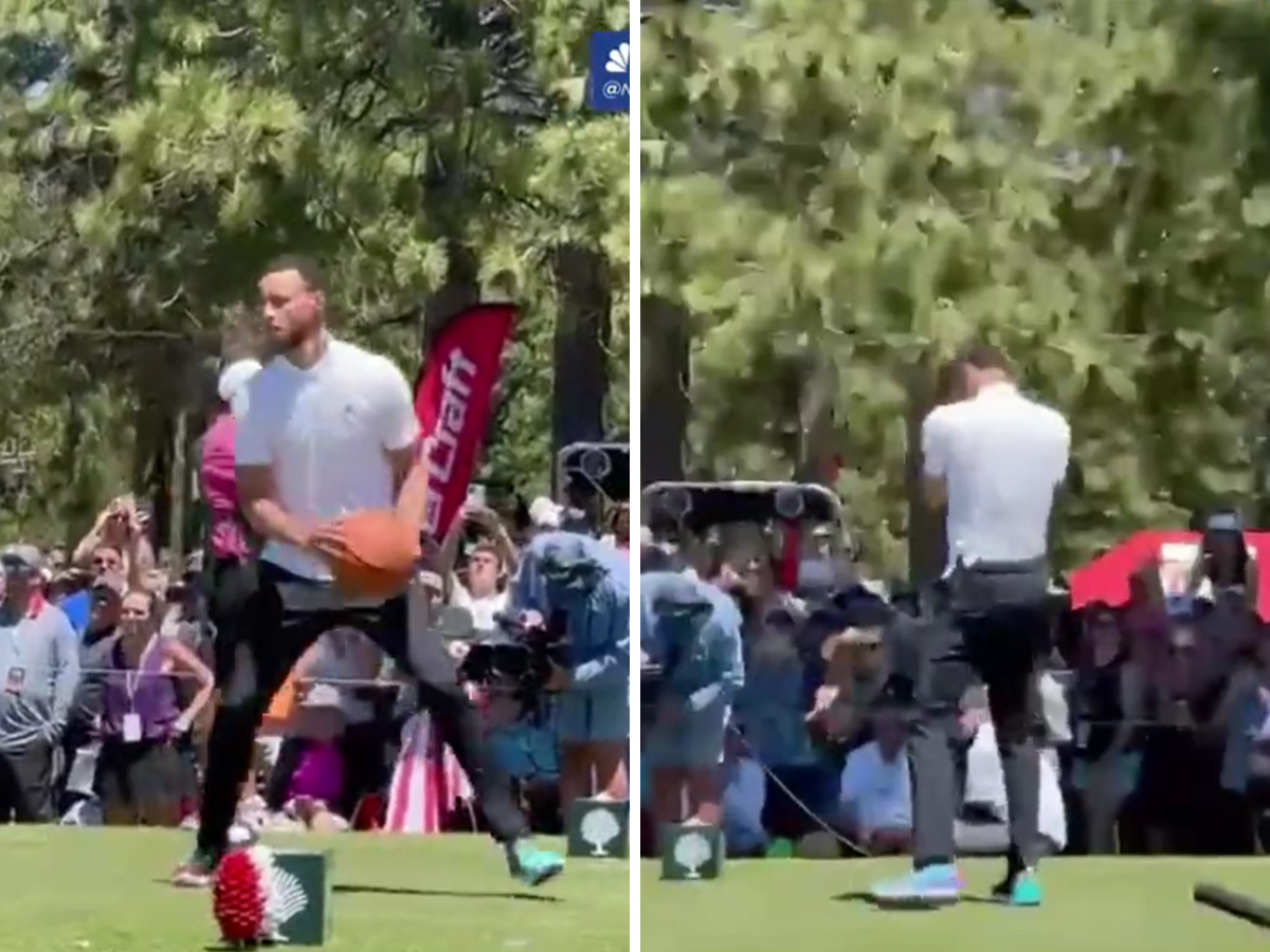 Video: Stephen Curry Does "Night Night" Celebration After Shooting Clinic At Golf Tournament